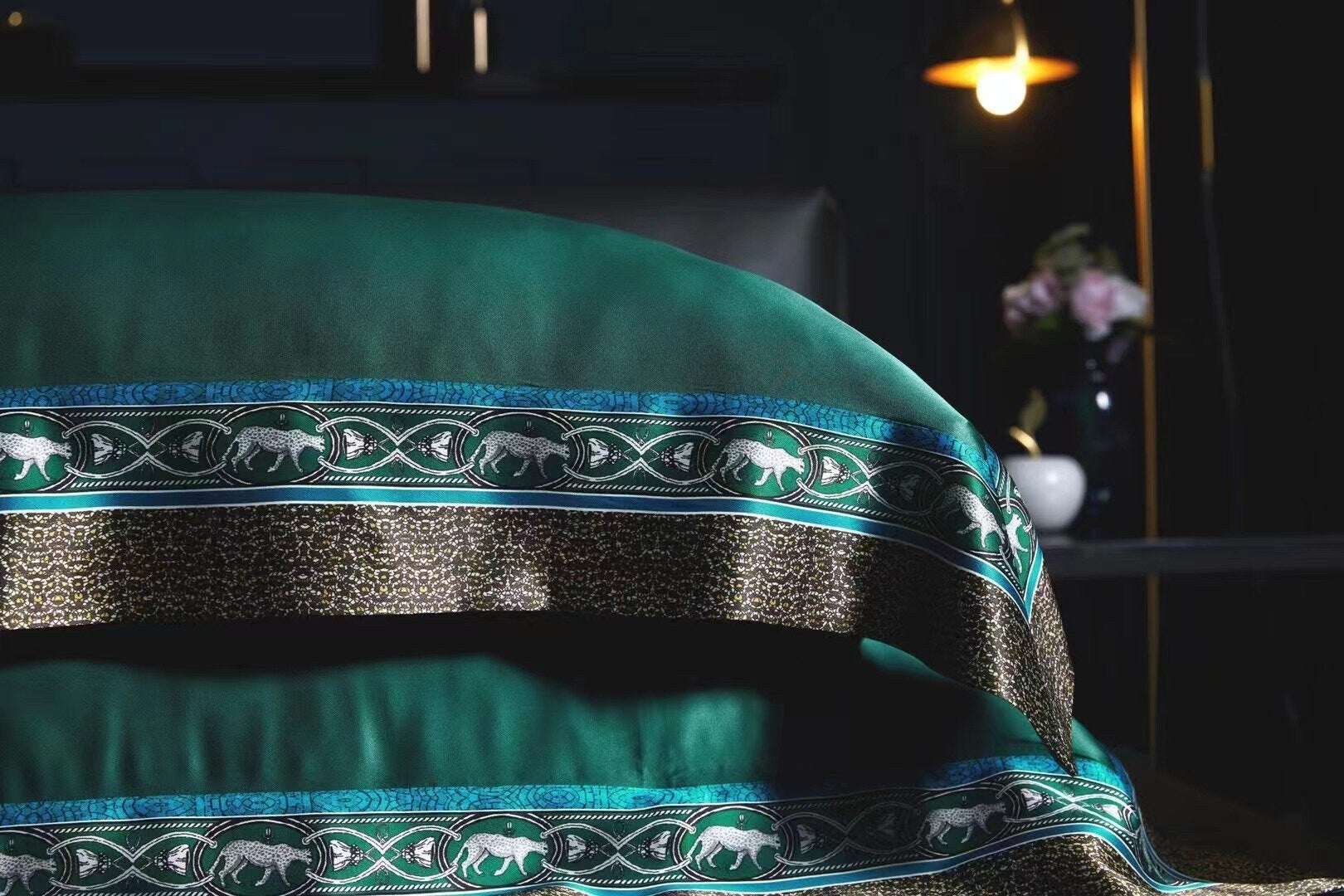 FOREST LEOPARD - 25 Momme Mulberry Silk Bedding, Silk Duvet Cover, Silk Fitted Sheet, Silk Flat Sheet, Silk Pillowcase, 100% SILK