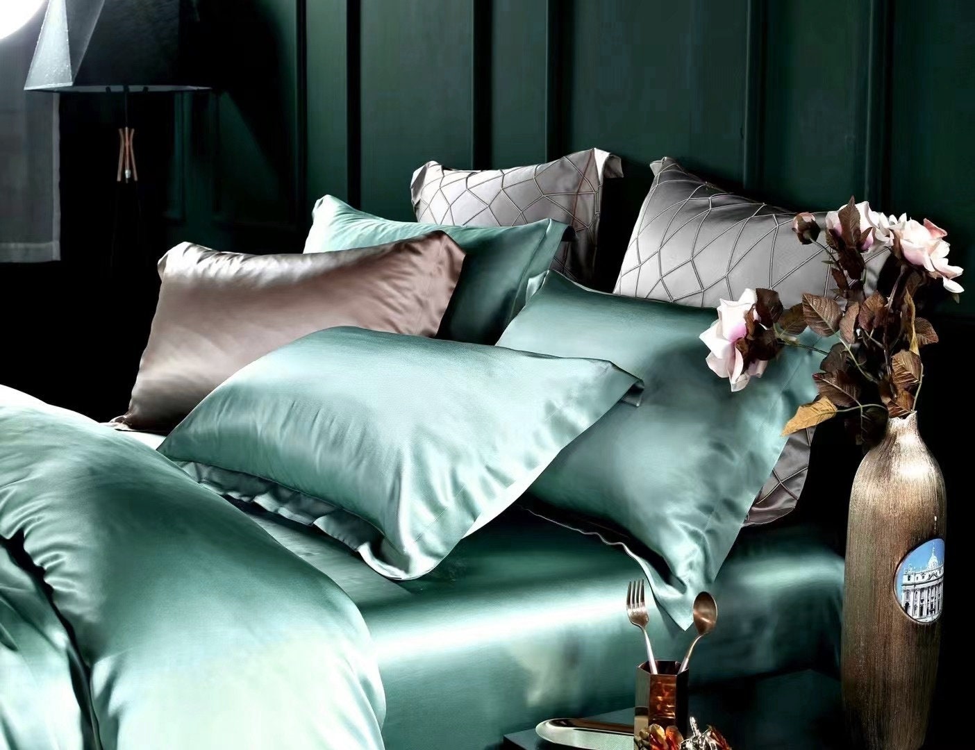 BEAN GREEN - 25 Momme Mulberry Silk Bedding, Silk Duvet Cover, Silk Fitted Sheet, Silk Flat Sheet, Silk Pillowcase, 100% SILK