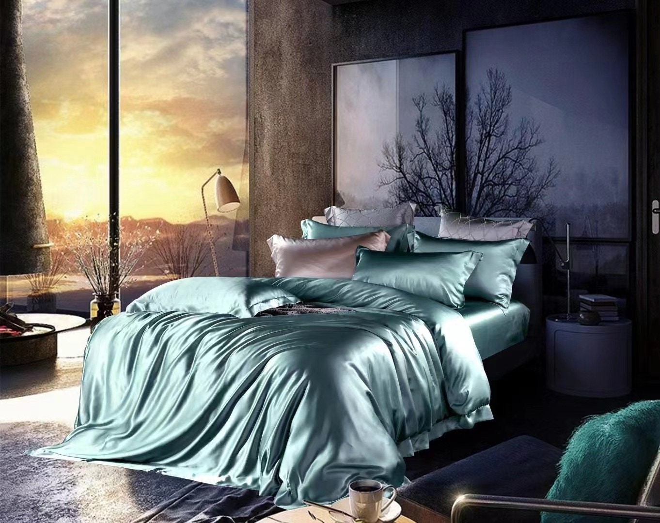 BEAN GREEN - 25 Momme Mulberry Silk Bedding, Silk Duvet Cover, Silk Fitted Sheet, Silk Flat Sheet, Silk Pillowcase, 100% SILK