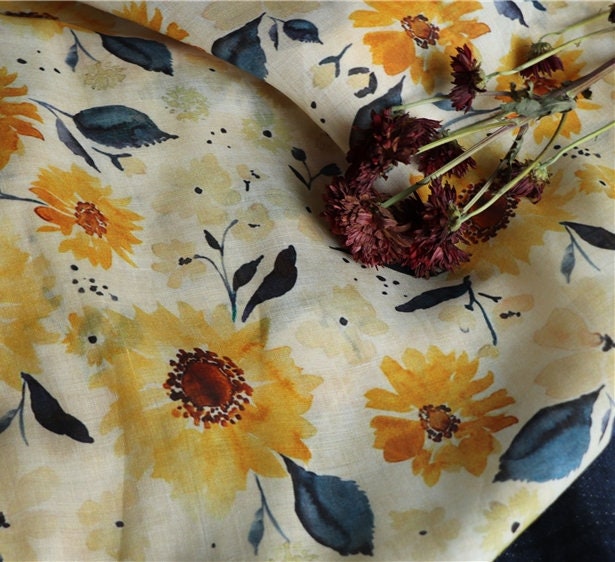 SHUICAIKUI Watercolor Sunflower Print Ramie Fabric By the Yard