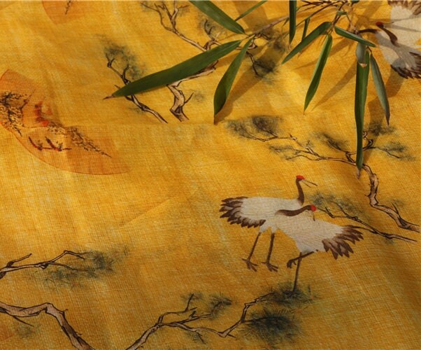 SONGHE - Pine Crane Printed Ramie Fabric-By the Yard