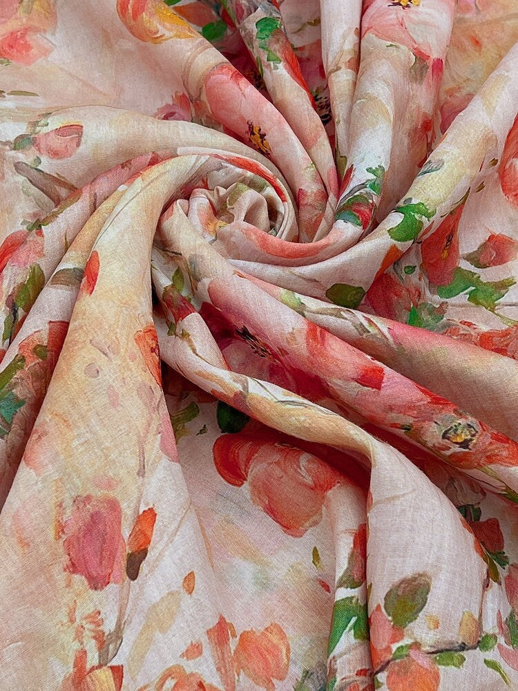 CHAHUA Pink Camellia Print Ramie Fabric By the Yard