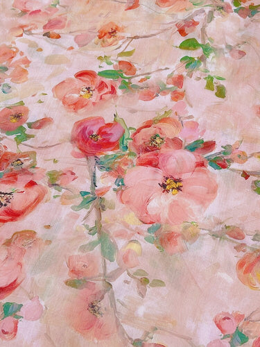 CHAHUA Pink Camellia Print Ramie Fabric By the Yard