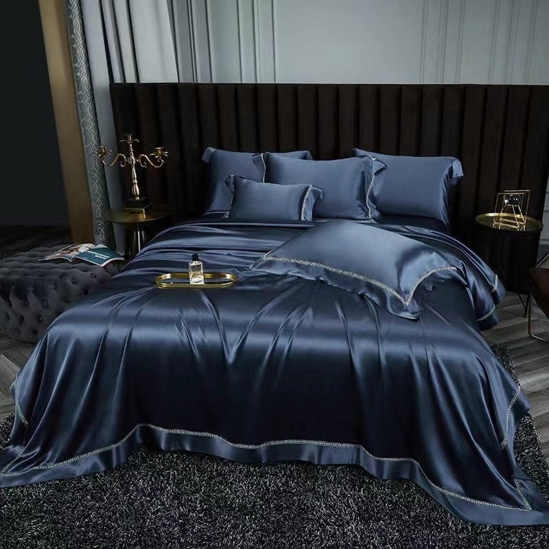 Empire Blue - 25 momme Lace Silk bedding Set 4pcs - 1x Duvet Cover, 1x Sheet, 2x Pillowcases, 100% SILK