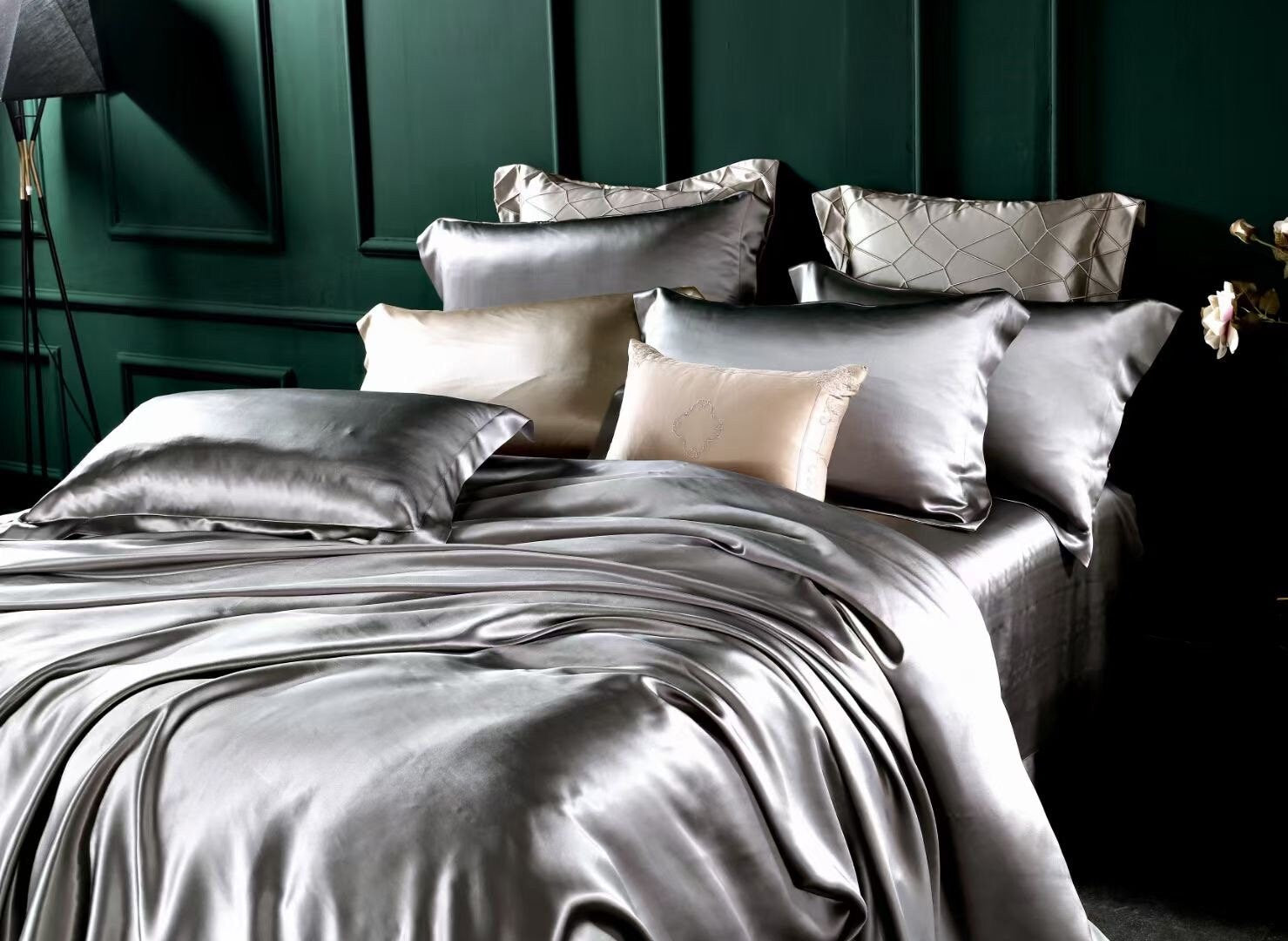SMOKY GRAY - 25 Momme Mulberry Silk Bedding, Silk Duvet Cover, Silk Fitted Sheet, Silk Flat Sheet, Silk Pillowcase, 100% SILK