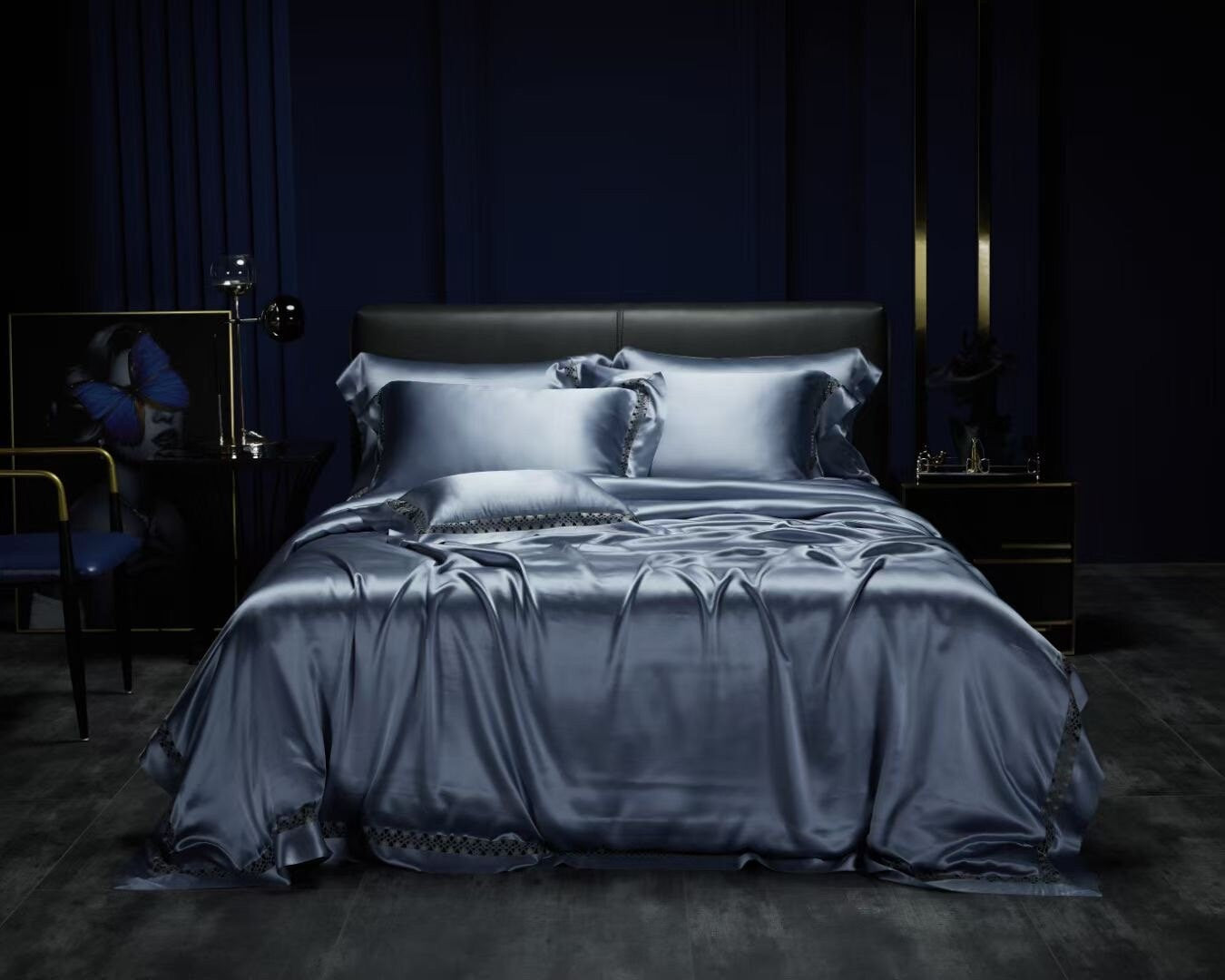 DUST BLUE - 25 momme Lace Silk bedding Set 4pcs - 1x Duvet Cover, 1x Sheet, 2x Pillowcases, 100% SILK