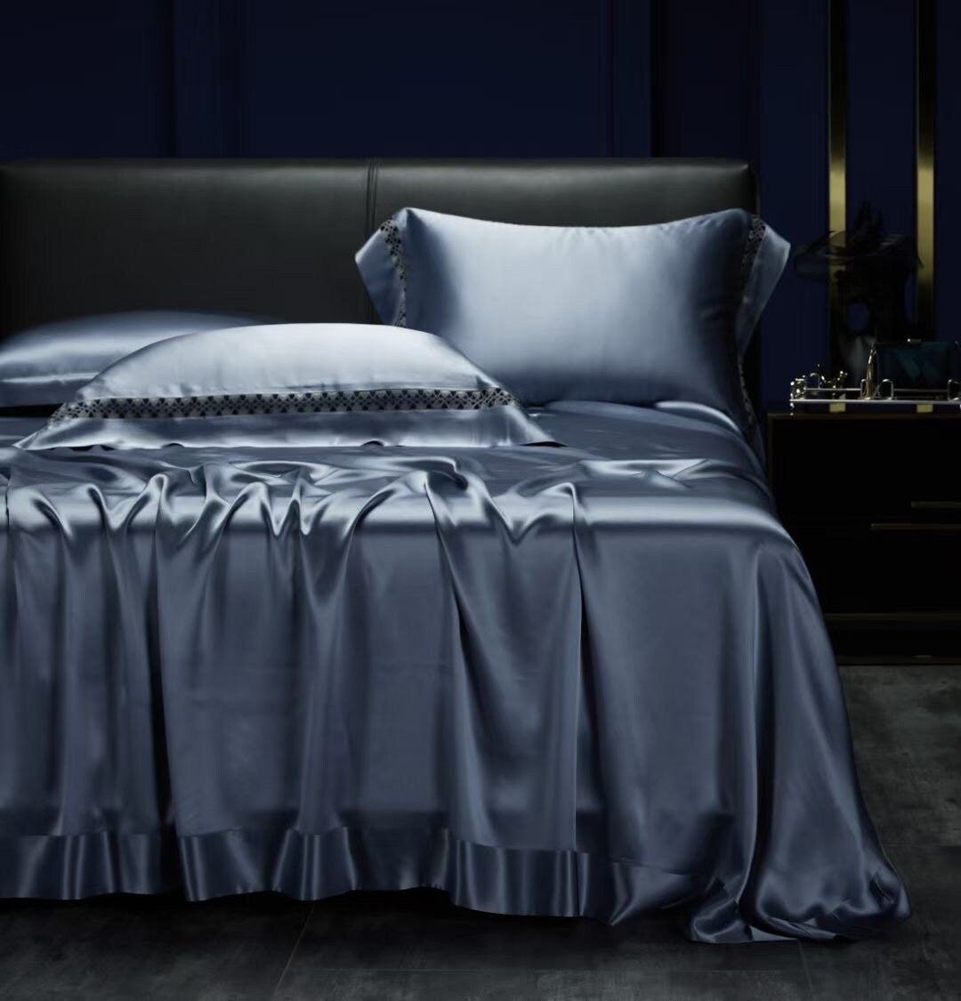 DUST BLUE - 25 momme Lace Silk bedding Set 4pcs - 1x Duvet Cover, 1x Sheet, 2x Pillowcases, 100% SILK
