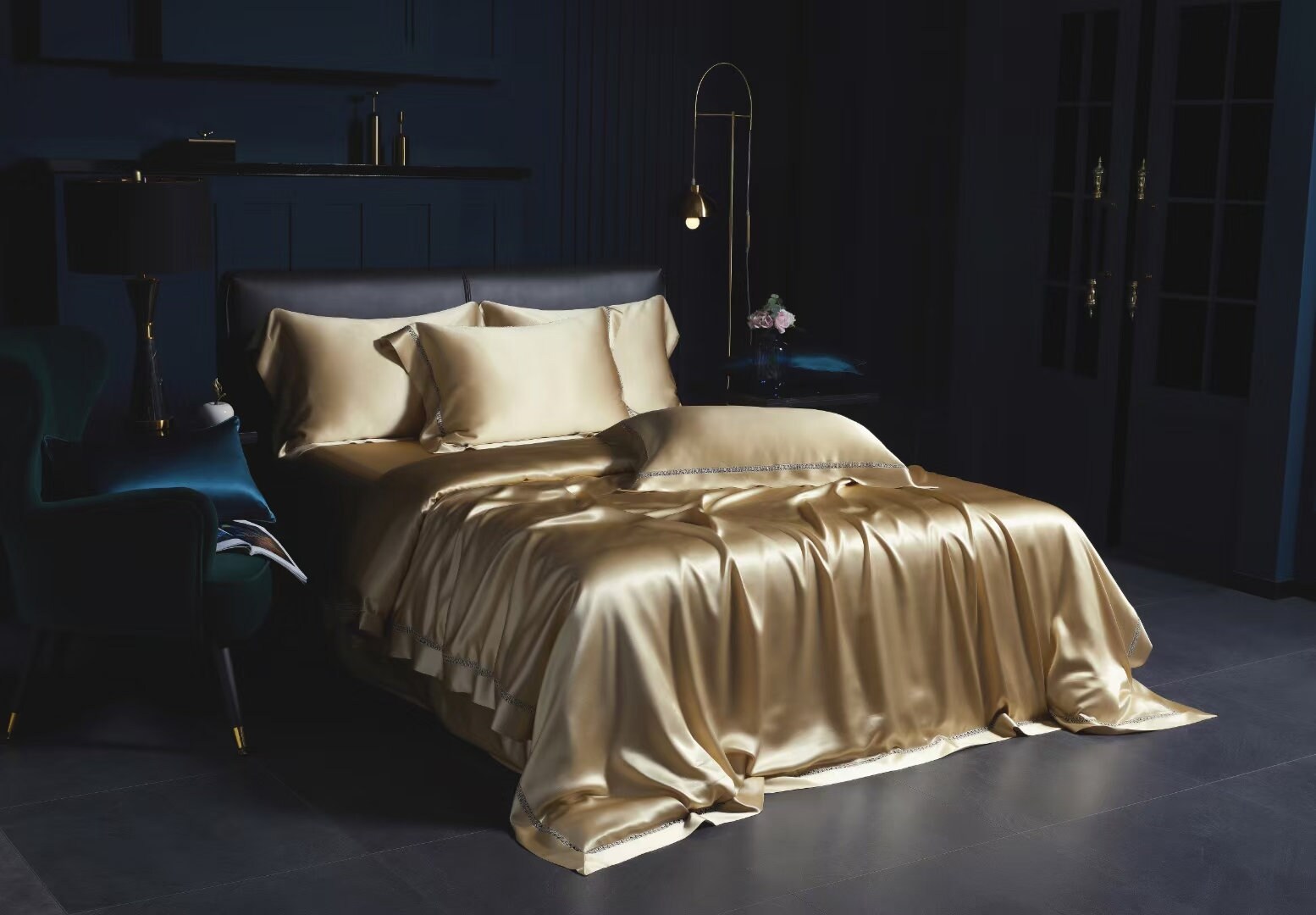 Champagne Gold - 25 momme Lace Silk bedding Set 4pcs - 1x Duvet Cover, 1x Sheet, 2x Pillowcases, 100% SILK
