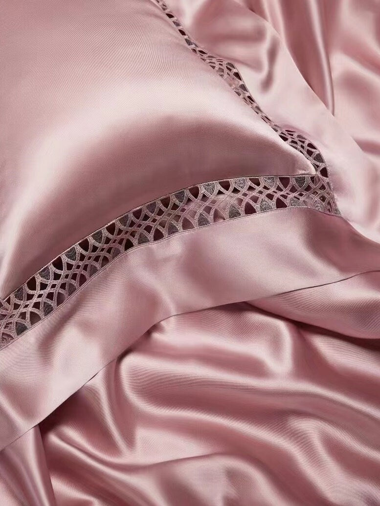 Anna Pink - 25 momme Lace Silk bedding Set 4pcs - 1x Duvet Cover, 1x Sheet, 2x Pillowcases, 100% SILK