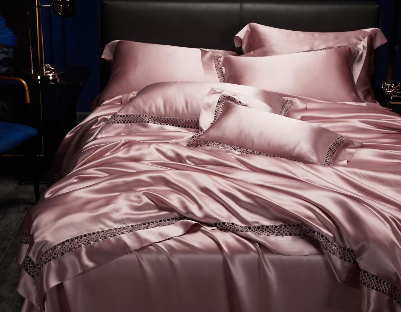 Anna Pink - 25 momme Lace Silk bedding Set 4pcs - 1x Duvet Cover, 1x Sheet, 2x Pillowcases, 100% SILK