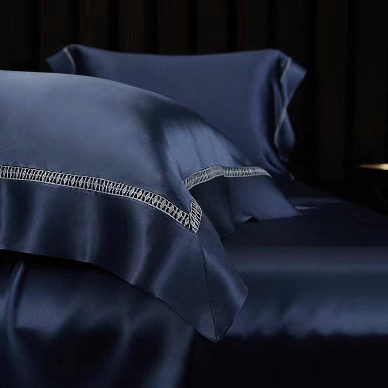 Empire Blue - 25 momme Lace Silk bedding Set 4pcs - 1x Duvet Cover, 1x Sheet, 2x Pillowcases, 100% SILK
