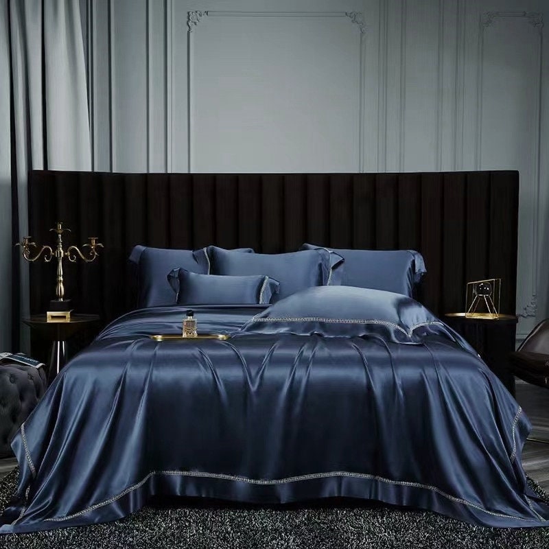 Empire Blue - 25 momme Lace Silk bedding Set 4pcs - 1x Duvet Cover, 1x Sheet, 2x Pillowcases, 100% SILK