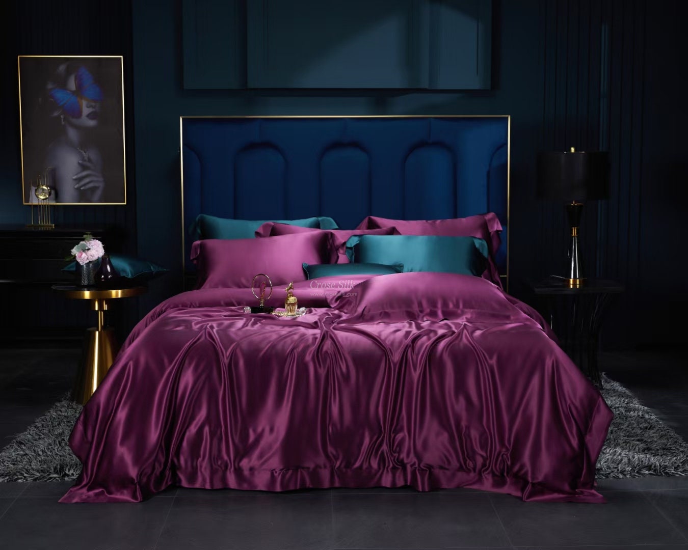 PLUM CASPIA - 25 Momme Mulberry Silk Bedding, Silk Duvet Cover, Silk Fitted Sheet, Silk Flat Sheet, Silk Pillowcase, 100% SILK