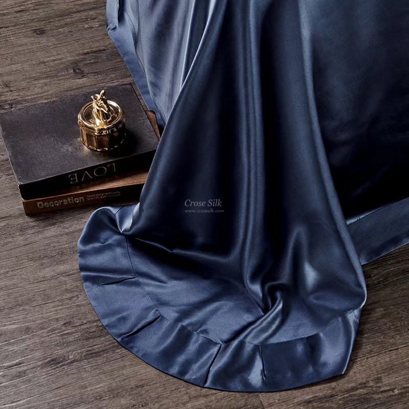 EMPIRE BLUE - 25 Momme Mulberry Silk Bedding, Silk Duvet Cover, Silk Fitted Sheet, Silk Flat Sheet, Silk Pillowcase, 100% SILK