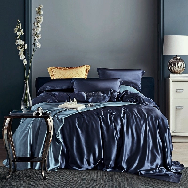 EMPIRE BLUE - 25 Momme Mulberry Silk Bedding, Silk Duvet Cover, Silk Fitted Sheet, Silk Flat Sheet, Silk Pillowcase, 100% SILK