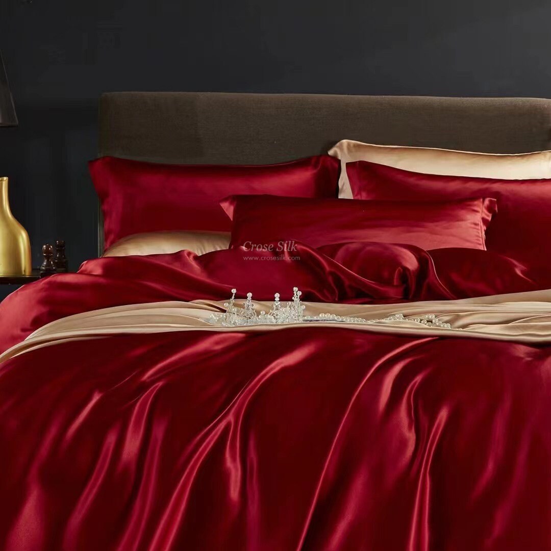 CRIMSON - 25 Momme Mulberry Silk Bedding, Silk Duvet Cover, Silk Fitted Sheet, Silk Flat Sheet, Silk Pillowcase, 100% SILK