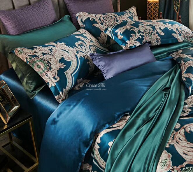 PHOENIX DANCE BLUE - 16 Momme 100% Silk Bedding 4pcs Suite