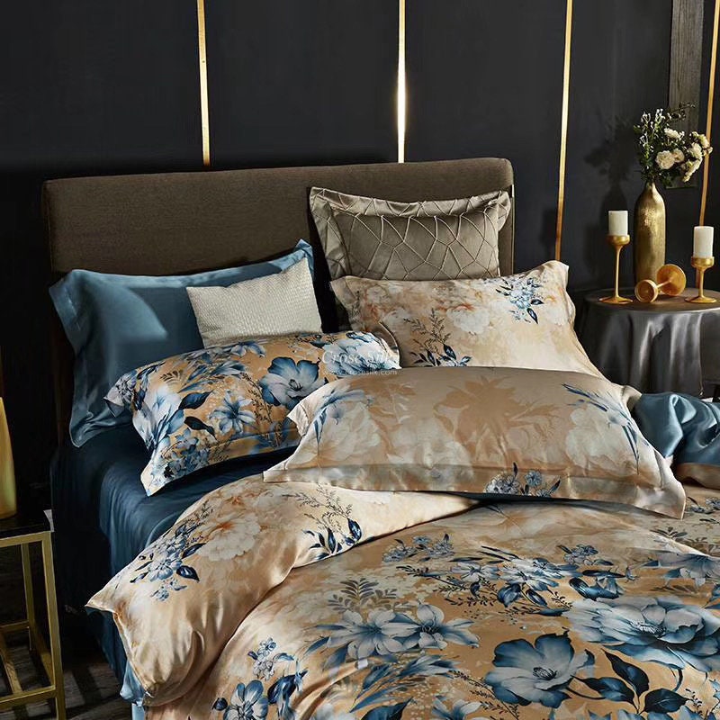 BLOSSOM BLUE - 16 Momme 100% Silk Bedding 4pcs Suite