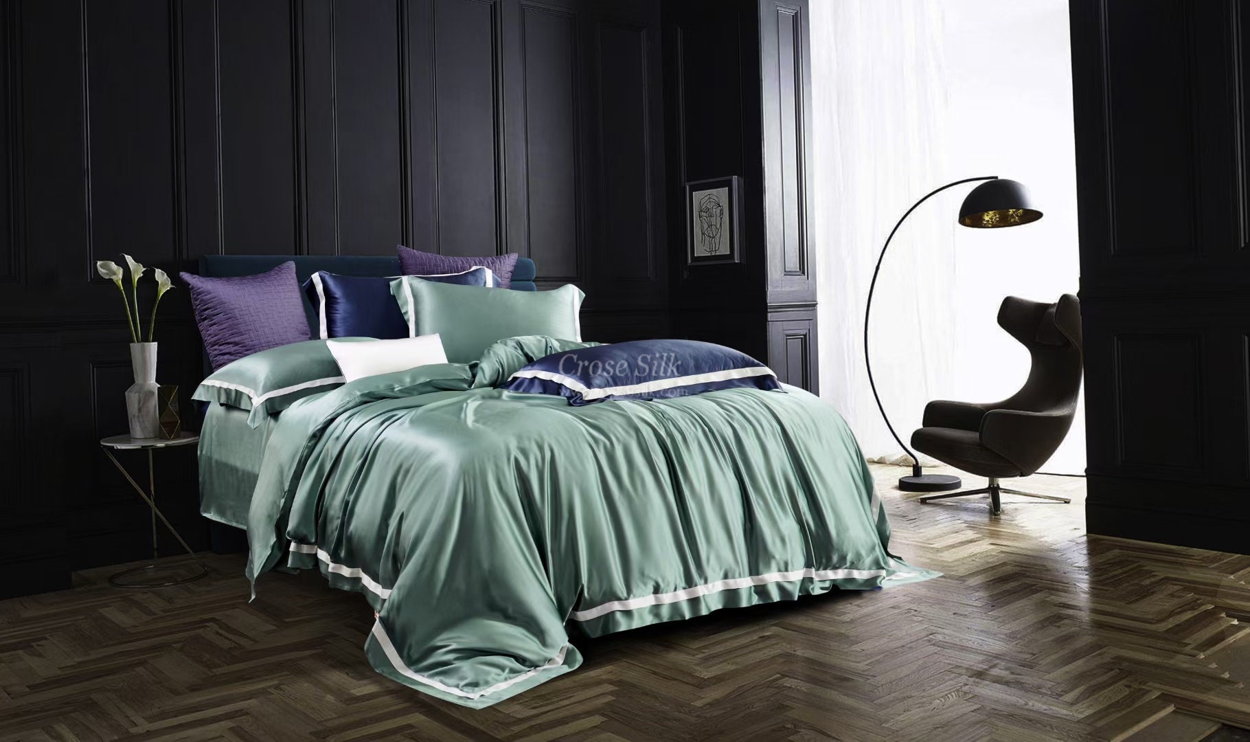 BERLYL GREEN - 25 Momme Flying Edge Purfle Silk Bedding Set 4pcs