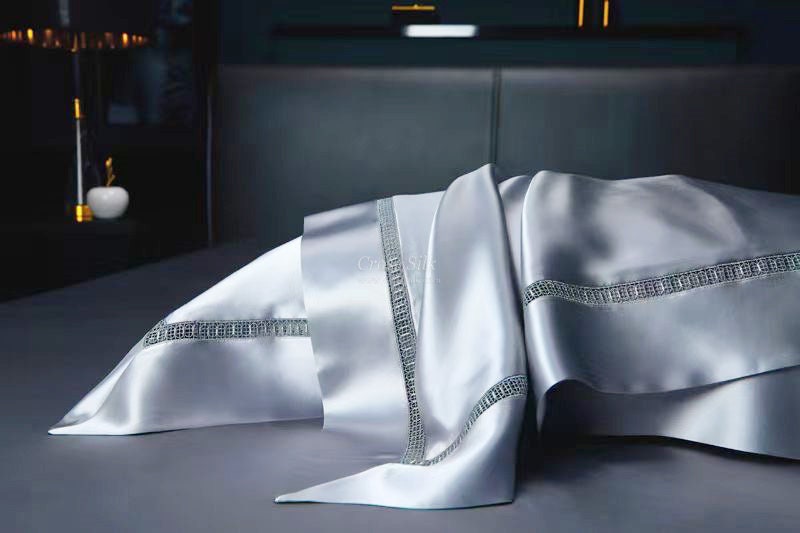 BLUISH GRAY - 25 momme Lace Silk bedding Set 4pcs - 1x Duvet Cover, 1x Sheet, 2x Pillowcases, 100% SILK