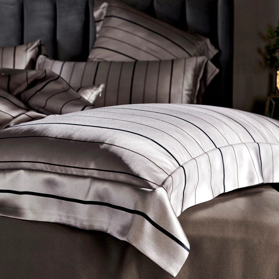 DARK GOLD Stripes - 25 Momme Mulberry Silk Bedding, Silk Duvet Cover, Silk Fitted Sheet, Silk Flat Sheet, Silk Pillowcase, 100% SILK