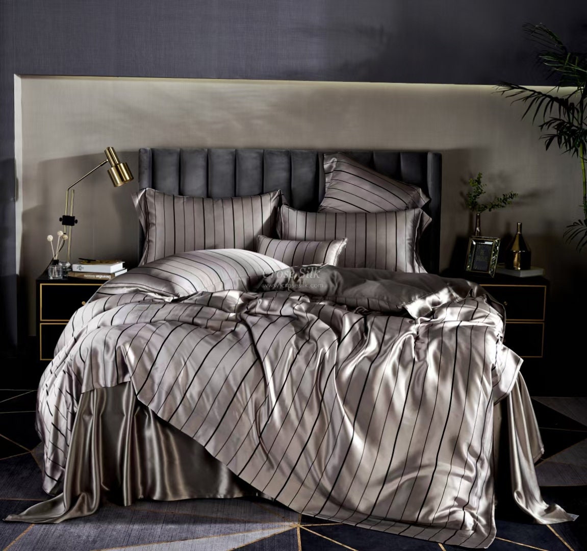 DARK GOLD Stripes - 25 Momme Mulberry Silk Bedding, Silk Duvet Cover, Silk Fitted Sheet, Silk Flat Sheet, Silk Pillowcase, 100% SILK