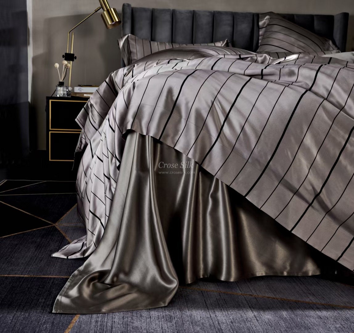 DARK GOLD Stripes - 25 Momme Mulberry Silk Bedding, Silk Duvet Cover, Silk Fitted Sheet, Silk Flat Sheet, Silk Pillowcase, 100% SILK