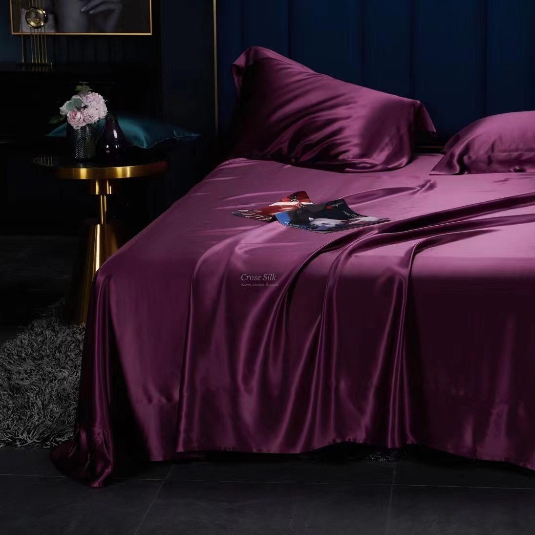 PLUM CASPIA - 25 Momme Mulberry Silk Bedding, Silk Duvet Cover, Silk Fitted Sheet, Silk Flat Sheet, Silk Pillowcase, 100% SILK