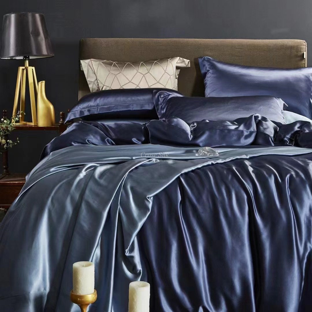 EMPIRE BLUE - 25 Momme Mulberry Silk Bedding, Silk Duvet Cover, Silk Fitted Sheet, Silk Flat Sheet, Silk Pillowcase, 100% SILK