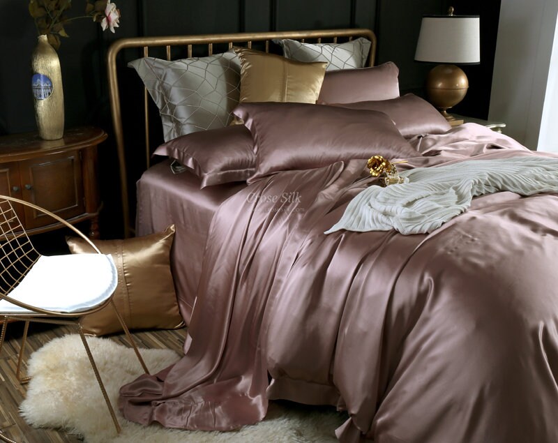 WISTFUL MAUVE - 25 Momme Mulberry Silk Bedding, Silk Duvet Cover, Silk Fitted Sheet, Silk Flat Sheet, Silk Pillowcase, 100% SILK