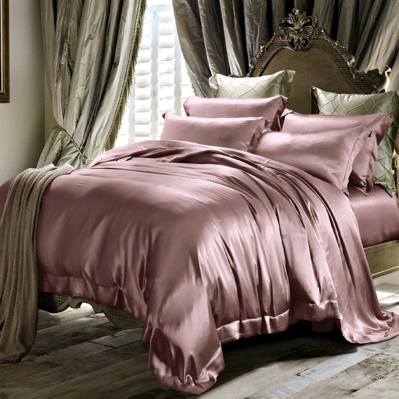 WISTFUL MAUVE - 25 Momme Mulberry Silk Bedding, Silk Duvet Cover, Silk Fitted Sheet, Silk Flat Sheet, Silk Pillowcase, 100% SILK