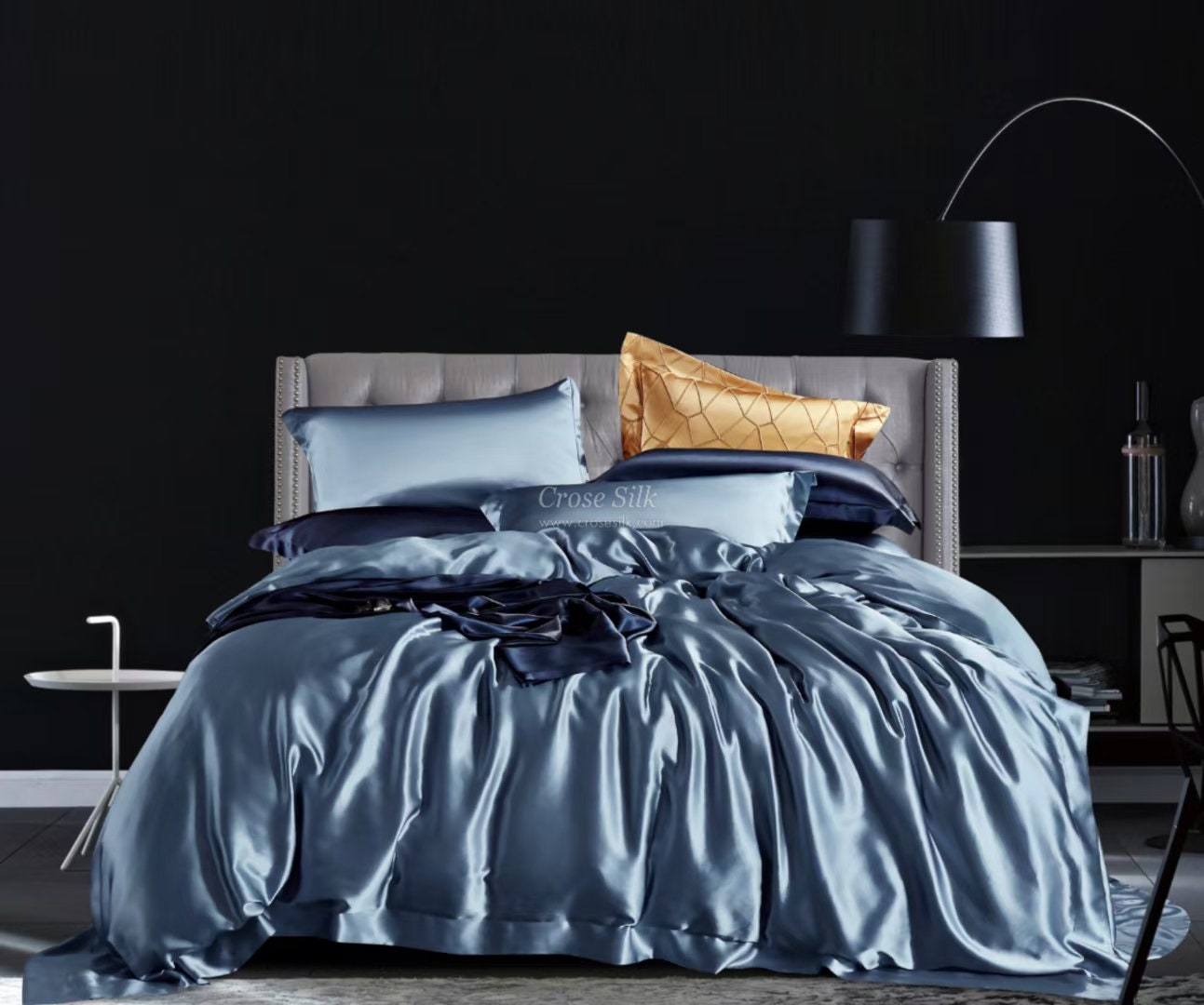 DUSTY BLUE - 25 Momme Mulberry Silk Bedding, Silk Duvet Cover, Silk Fitted Sheet, Silk Flat Sheet, Silk Pillowcase, 100% SILK