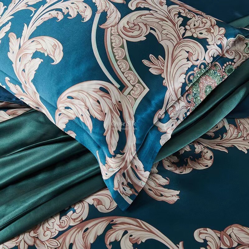 PHOENIX DANCE BLUE - 16 Momme 100% Silk Bedding 4pcs Suite
