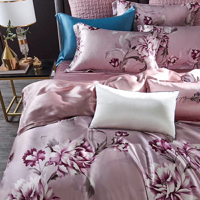 PINK FLORAL - 16 Momme 100% Silk Bedding 4pcs Suite