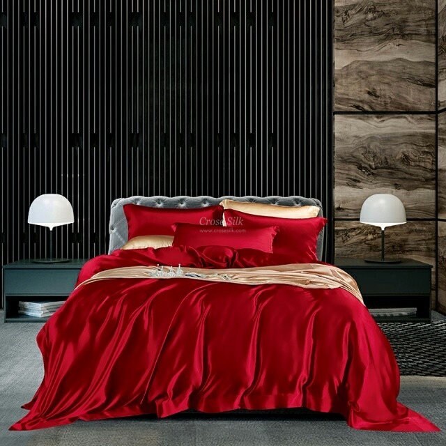 CRIMSON - 25 Momme Mulberry Silk Bedding, Silk Duvet Cover, Silk Fitted Sheet, Silk Flat Sheet, Silk Pillowcase, 100% SILK
