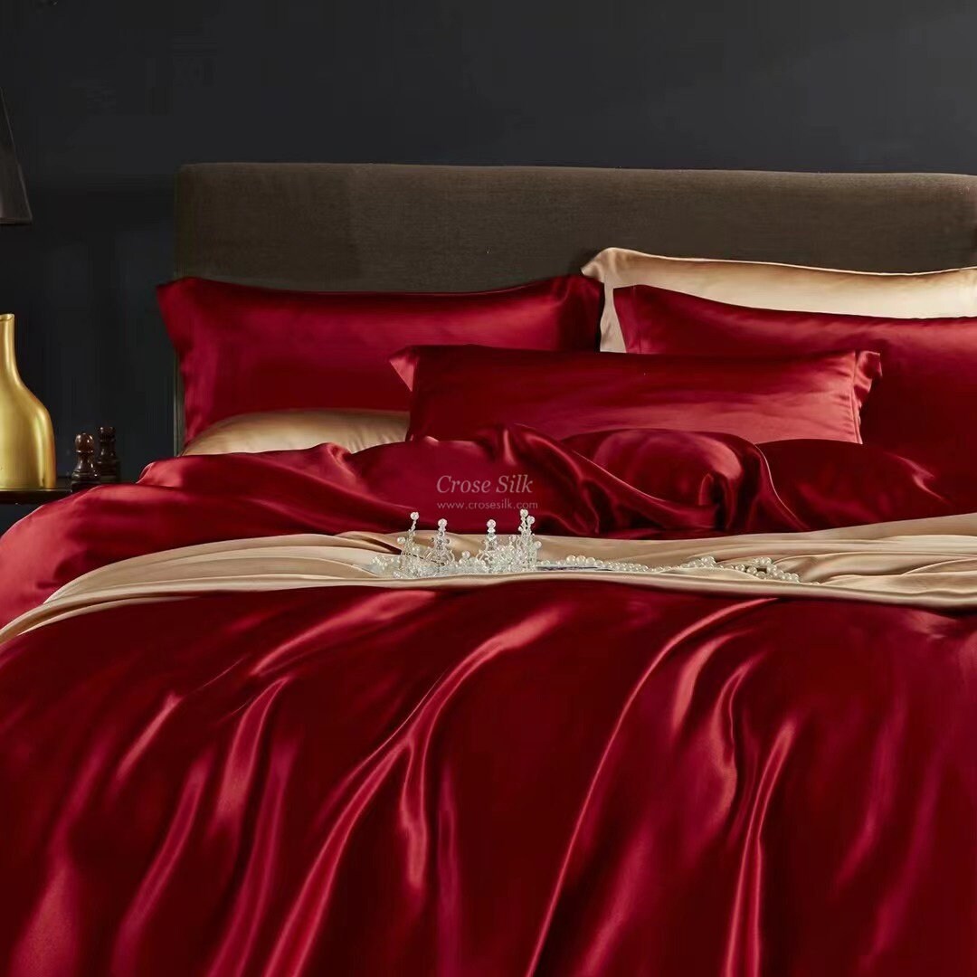 CRIMSON - 25 Momme Mulberry Silk Bedding, Silk Duvet Cover, Silk Fitted Sheet, Silk Flat Sheet, Silk Pillowcase, 100% SILK