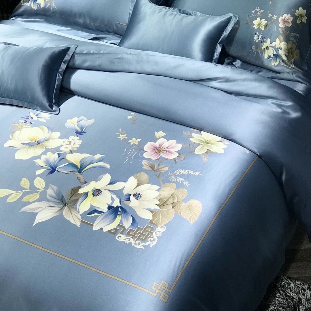 BLOSSOM Dusty Blue - 25 Momme Mulberry Silk Bedding,Silk Duvet Cover, Silk Fitted Sheet, Silk Flat Sheet, Silk Pillowcase, 100% SILK
