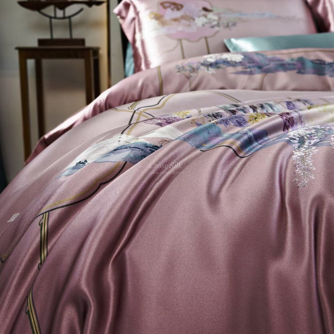 SCENERY Wistful Mauve - 25 Momme Mulberry Silk Bedding,Silk Duvet Cover, Silk Fitted Sheet, Silk Flat Sheet, Silk Pillowcase, 100% SILK