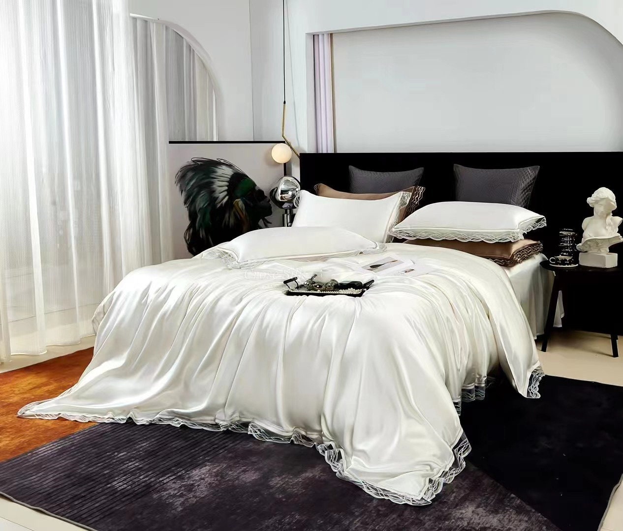 PEAL WHITE Lace - 25 momme Lace Silk bedding Set 4pcs - 1x Duvet Cover, 1x Sheet, 2x Pillowcases, 100% SILK