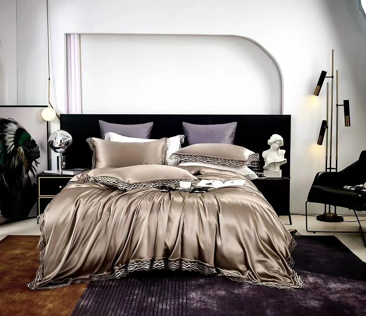 DARK GOLD Lace - 25 momme Lace Silk bedding Set 4pcs - 1x Duvet Cover, 1x Sheet, 2x Pillowcases, 100% SILK