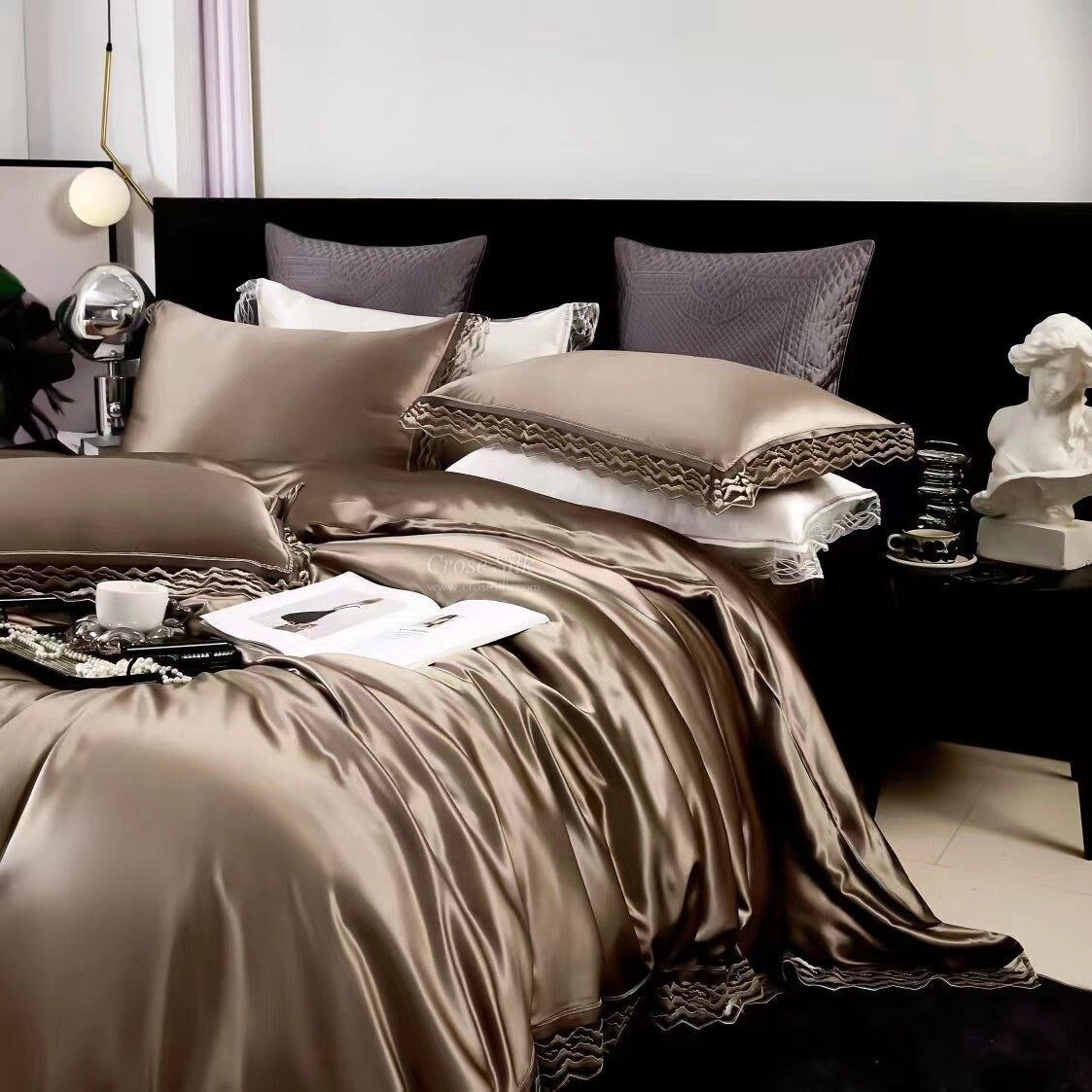 DARK GOLD Lace - 25 momme Lace Silk bedding Set 4pcs - 1x Duvet Cover, 1x Sheet, 2x Pillowcases, 100% SILK