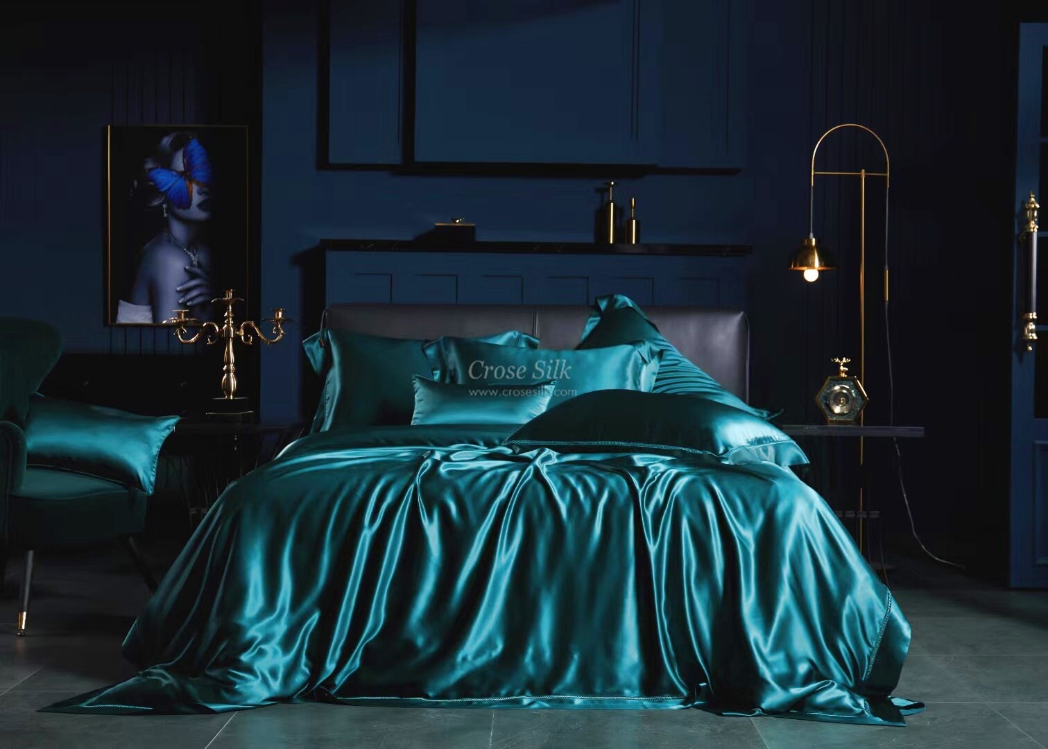 PEACOCK BLUE - 25 momme Lace Silk bedding Set 4pcs - 1x Duvet Cover, 1x Sheet, 2x Pillowcases, 100% SILK