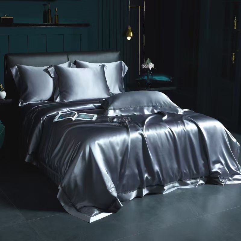 BLUISH GRAY - 25 momme Lace Silk bedding Set 4pcs - 1x Duvet Cover, 1x Sheet, 2x Pillowcases, 100% SILK