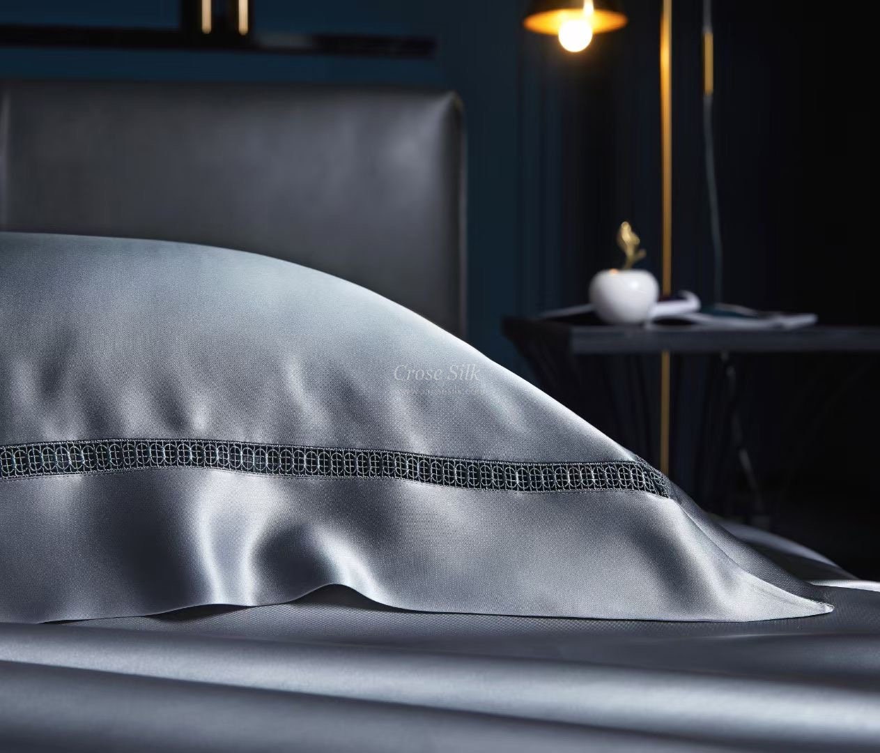 BLUISH GRAY - 25 momme Lace Silk bedding Set 4pcs - 1x Duvet Cover, 1x Sheet, 2x Pillowcases, 100% SILK