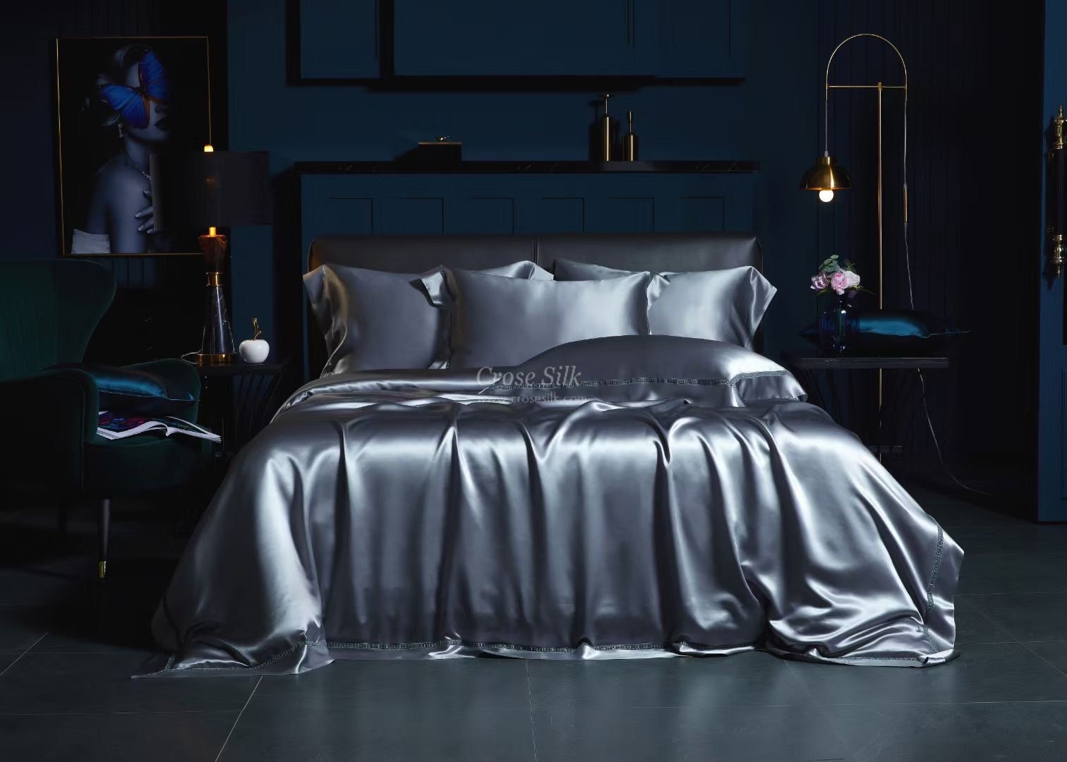 BLUISH GRAY - 25 momme Lace Silk bedding Set 4pcs - 1x Duvet Cover, 1x Sheet, 2x Pillowcases, 100% SILK