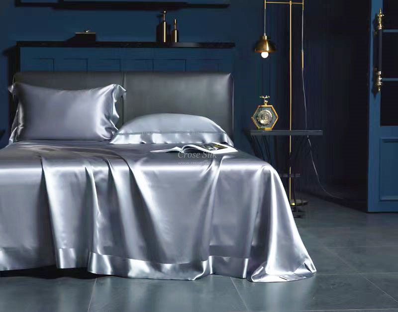 BLUISH GRAY - 25 momme Lace Silk bedding Set 4pcs - 1x Duvet Cover, 1x Sheet, 2x Pillowcases, 100% SILK