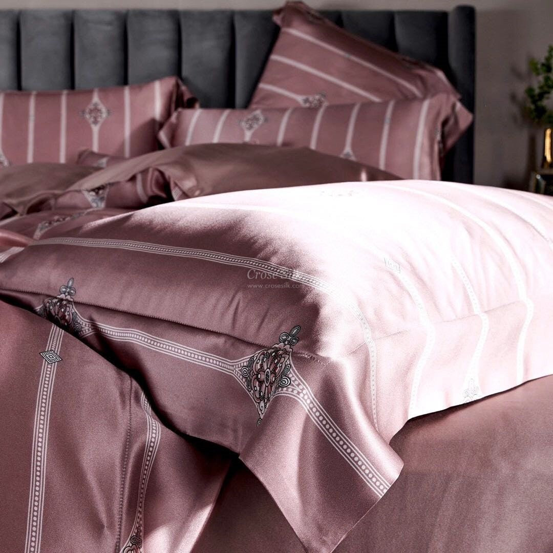 PINK STRIPES Print - 25 Momme Mulberry Silk Bedding, Silk Duvet Cover, Silk Fitted Sheet, Silk Flat Sheet, Silk Pillowcase, 100% SILK