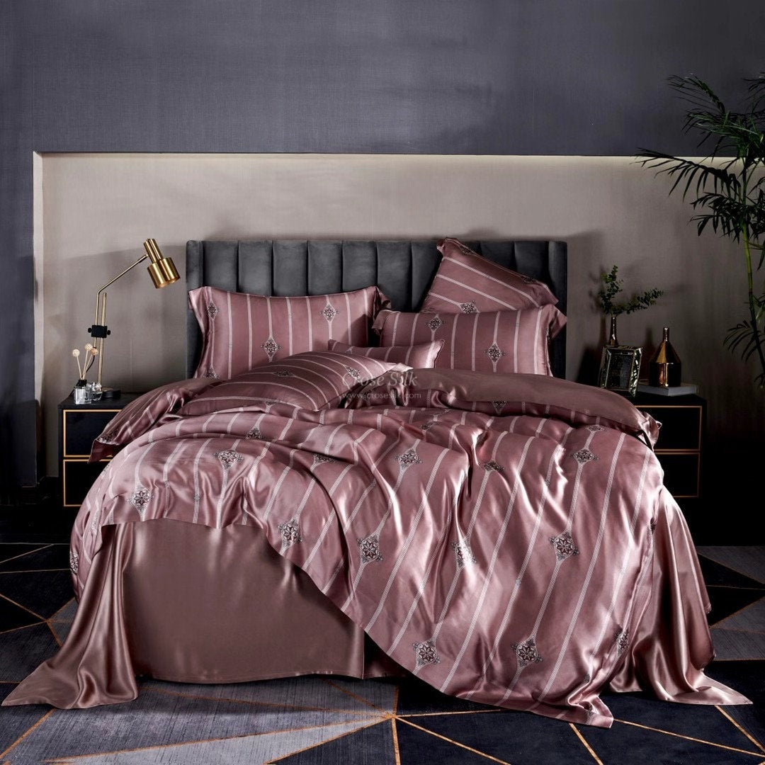 PINK STRIPES Print - 25 Momme Mulberry Silk Bedding, Silk Duvet Cover, Silk Fitted Sheet, Silk Flat Sheet, Silk Pillowcase, 100% SILK