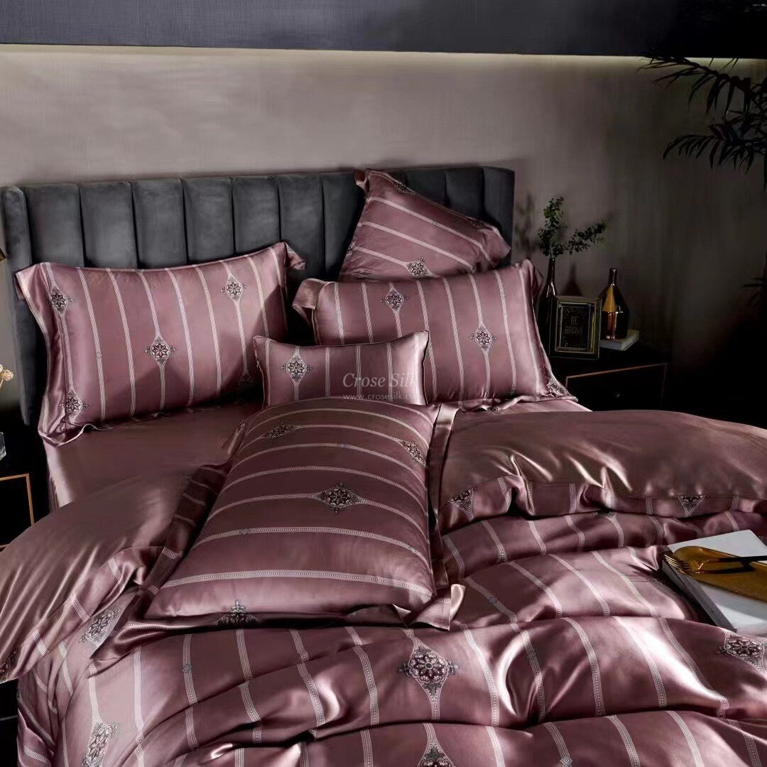 PINK STRIPES Print - 25 Momme Mulberry Silk Bedding, Silk Duvet Cover, Silk Fitted Sheet, Silk Flat Sheet, Silk Pillowcase, 100% SILK