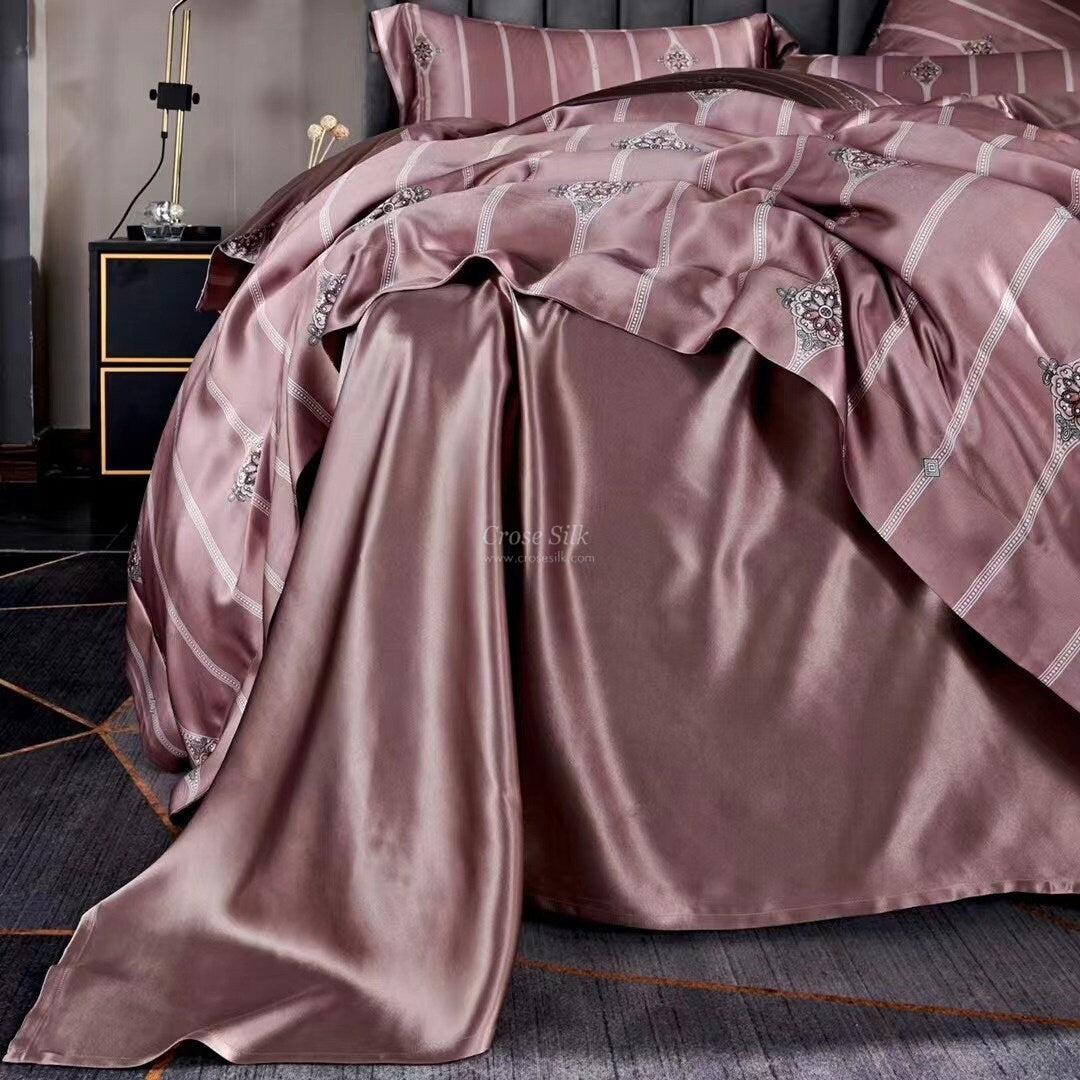PINK STRIPES Print - 25 Momme Mulberry Silk Bedding, Silk Duvet Cover, Silk Fitted Sheet, Silk Flat Sheet, Silk Pillowcase, 100% SILK